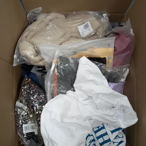 BOX OF ASSORTED CLOTHING ITEMS TOO INCLUDE JUMPERS, SHIRTS AND TROUSERS IN VARIOUS SIZES AND COLOURS