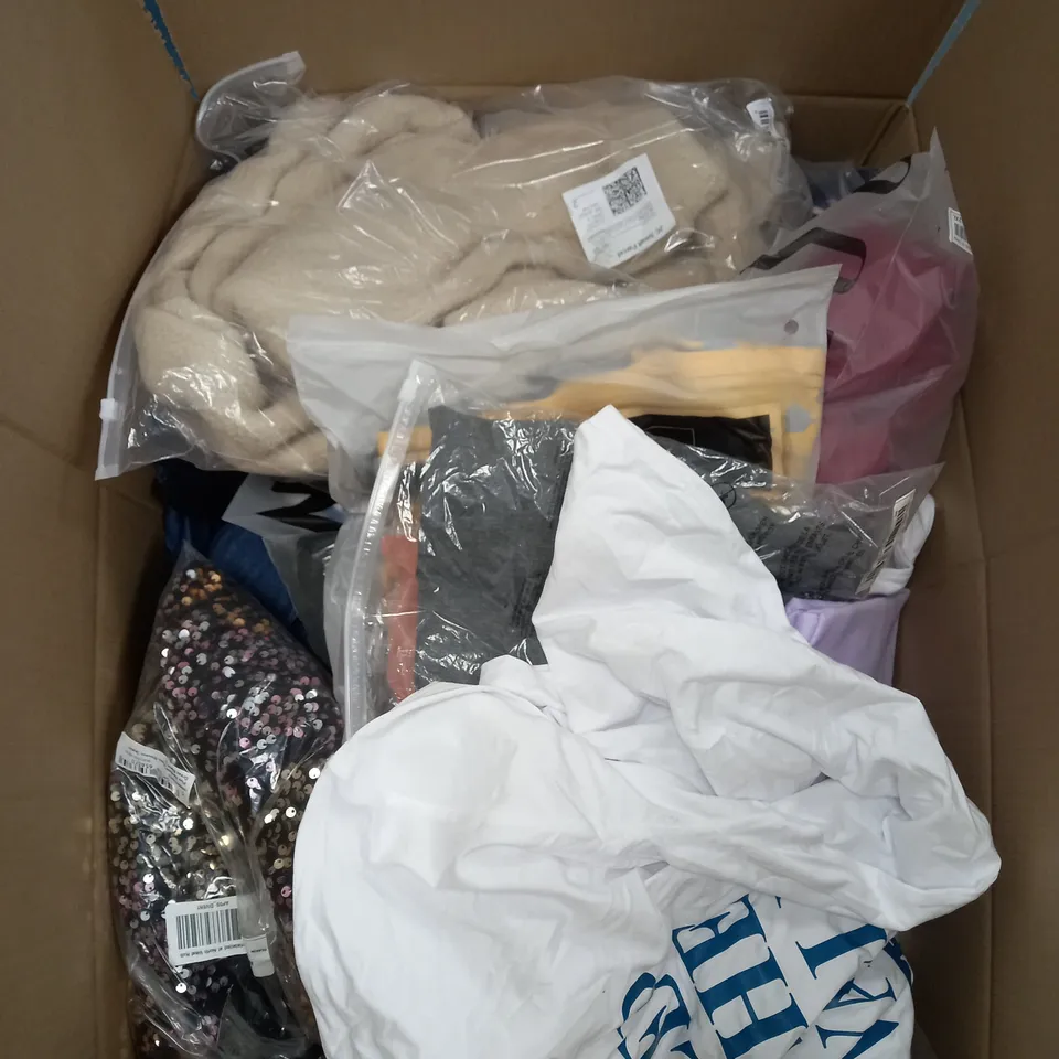 BOX OF ASSORTED CLOTHING ITEMS TOO INCLUDE JUMPERS, SHIRTS AND TROUSERS IN VARIOUS SIZES AND COLOURS   
