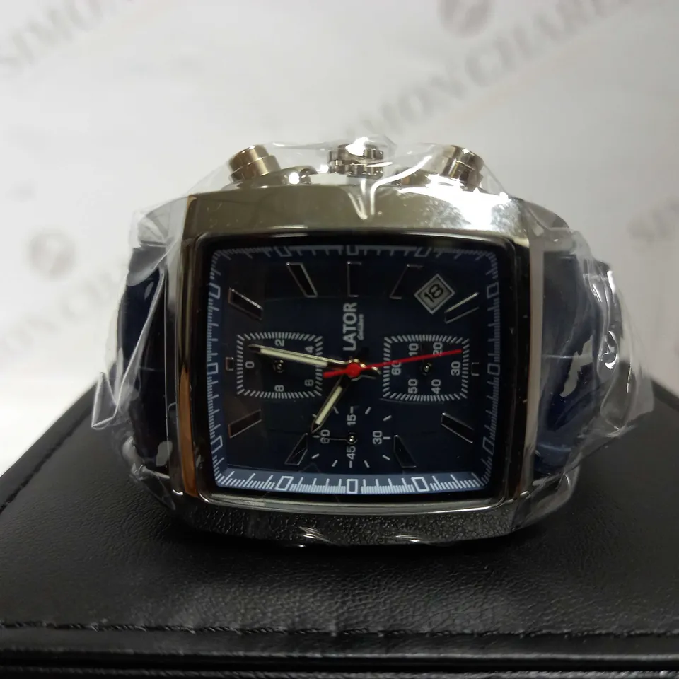 LATOR CALIBRE BLUE TRIPLE DIAL CROC LEATHER STRAP WATCH RRP £585