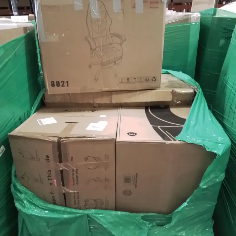 PALLET CONTAINING VARIOUS BOXED HOUSEHOLD ITEMS TO INCLUDE: OFFICE CHAIR, ELECTRONIC WASTE BIN,  AND LOTS MORE UNMARKED BOXED ITEMS.