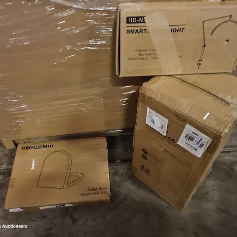PALLET OF ASSORTED ITEMS TO INCLUDE,TOILET SEATS, AUTOMATIC WASTE BIN, SMART DESK LIGHT, INFLATABLE MATTRESS, WEIGHTED BLANKET, FOOD DEHYDRATOR.