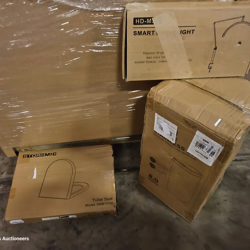 PALLET OF ASSORTED ITEMS TO INCLUDE,TOILET SEATS, AUTOMATIC WASTE BIN, SMART DESK LIGHT, INFLATABLE MATTRESS, WEIGHTED BLANKET, FOOD DEHYDRATOR.
