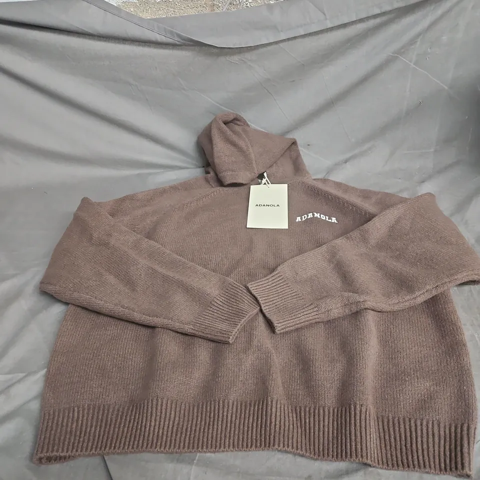 ADANOLA VARSITY OVERSIZED KNIT HOODIE – CHEST LOGO, DARK COCOA BROWN/MARSHMALLOW