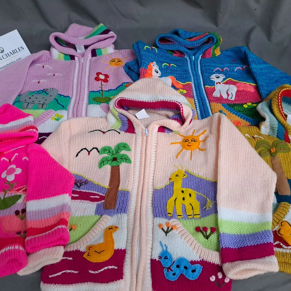 LARGE QUANTITY OF COLOURFUL HANDMADE CHILDRENS CARDIGANS - VARIOUS SIZES