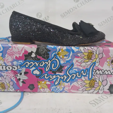 BOXED PAIR OF IRREGULAR CHOICE LOW HEEL SLIP ON SHOES IN BLACK/MULTICOLOUR W. SEQUINS & BOW DETAIL SIZE UNSPECIFIED