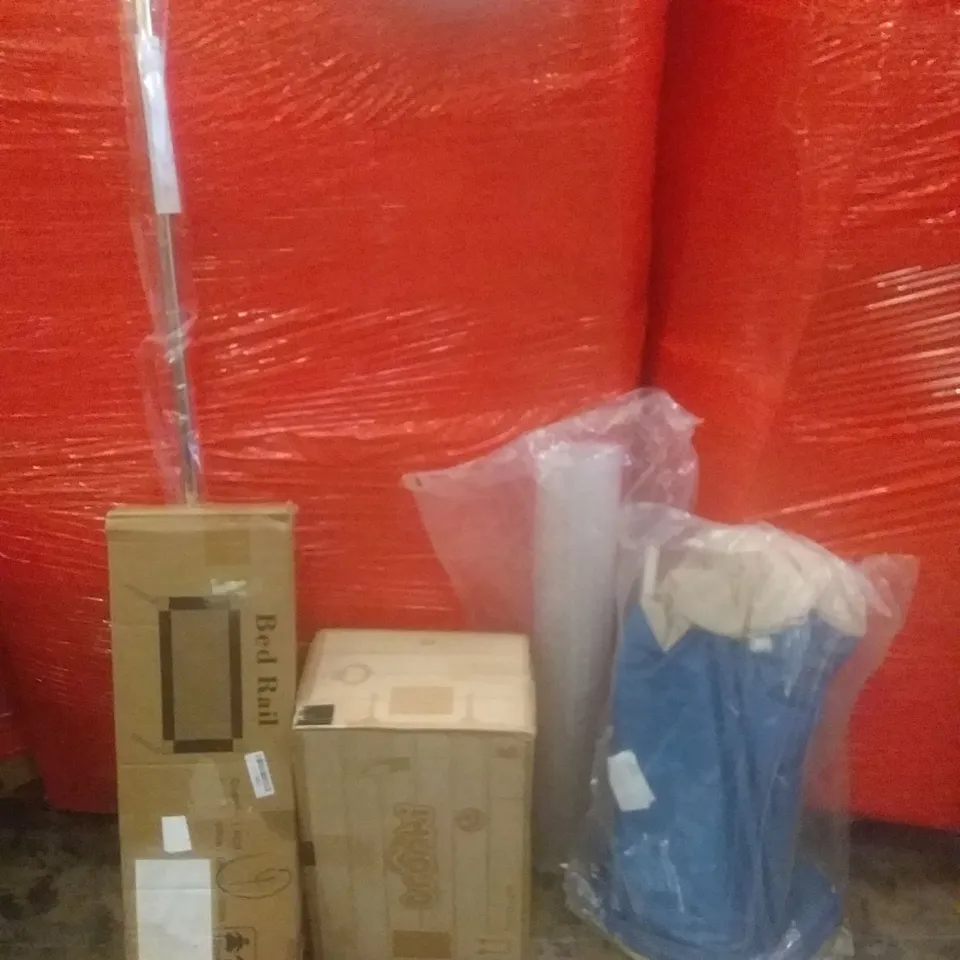 PALLET OF ASSORTED ITEMS INCLUDING BED RAIL, CURTAIN ROD, BATH MAT