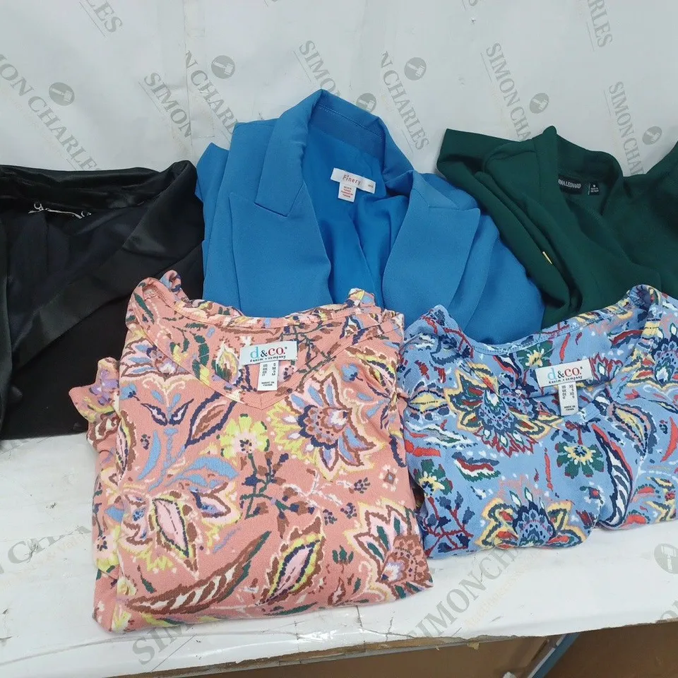 LARGE BOX OF ASSORTED CLOTHING ITEMS TOO INCLUDE TOPS , DRESSES AND BLAZERS COMING IN DIFFERENT COLOURS AND SIZES 