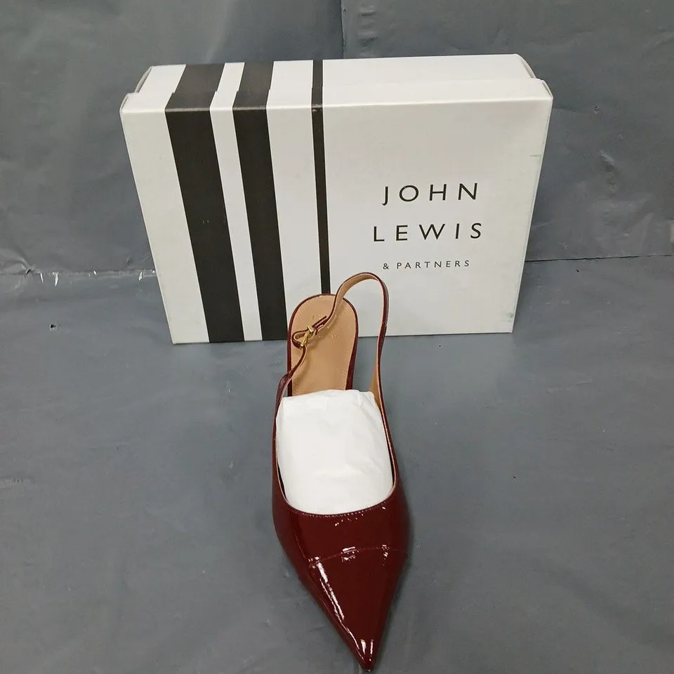 BOXED PAIR OF JOHN LEWIS COSMOS BURGENDY SIZE 8 HEELS 