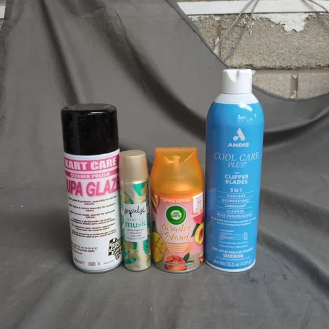 APPROXIMATELY 15 ASSORTED AEROSOLS TO INCLUDE IMPULSE HINT OF MUST BODY SPRAY, AIR WICK PARADISE ISLAND AIR FRESHENER REFILL AND COOL CARE PLUS FOR CLIPPER BLADES