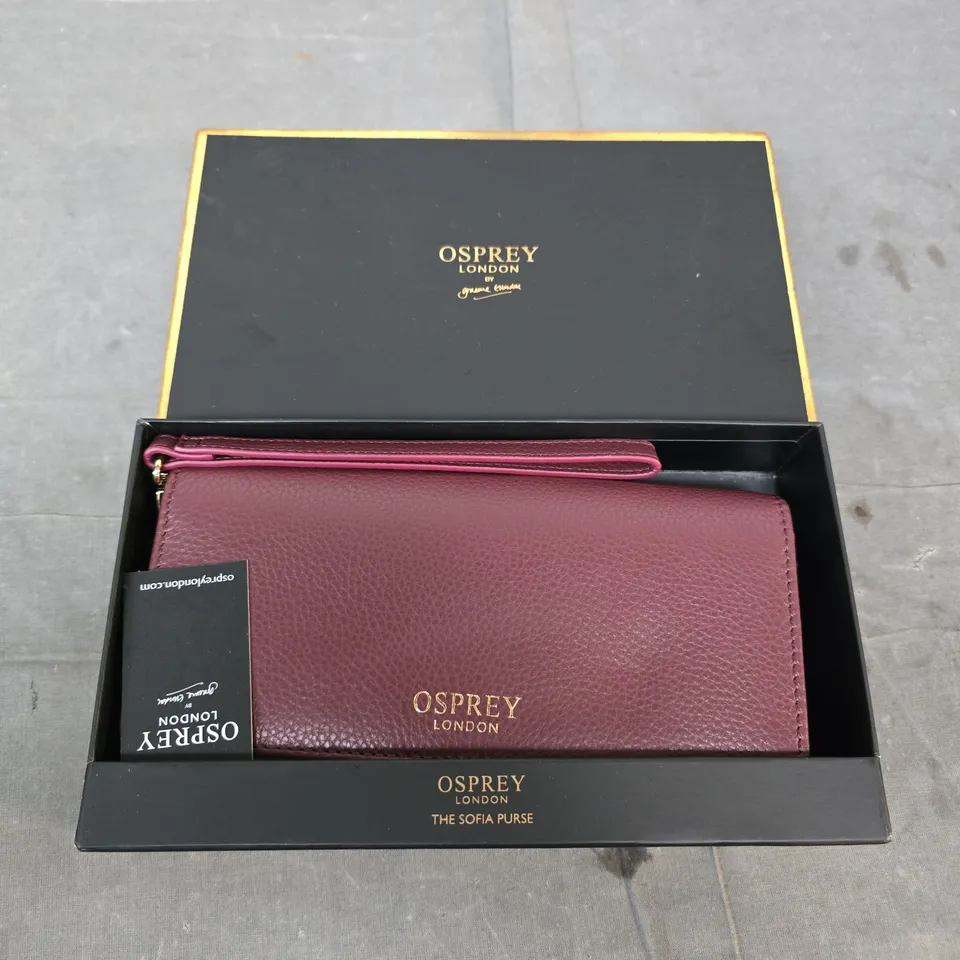 OSPREY LONDON THE SOFIA PURSE – BURGUNDY LEATHER WALLET WITH WRIST STRAP (BOXED)