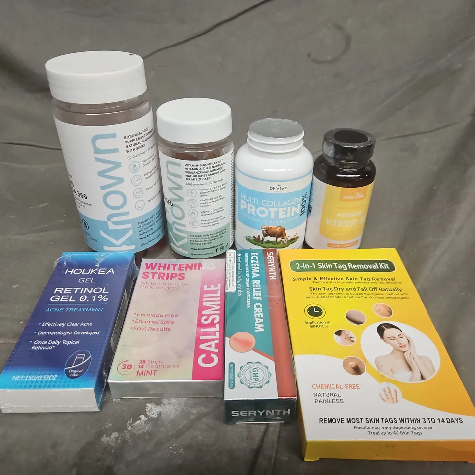 APPROXIMATELY 10 ASSORTED ITEMS TO INCLUDE SKIN TAG REMOVAL KIT  , WHITENING STRIPS AND ECZEMA RELIFE CREAM 