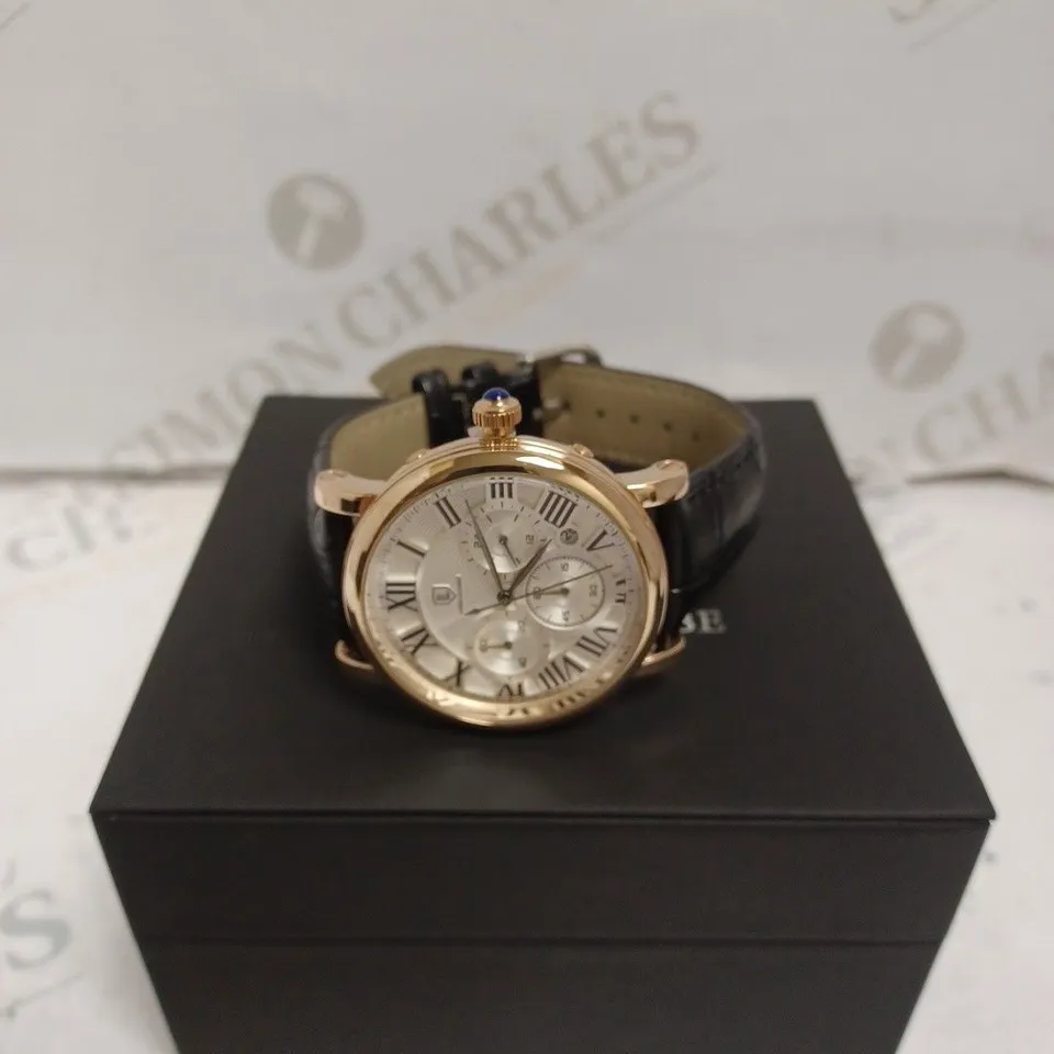 MENS LOUIS LACOMB WATCH WITH ROMAN NUMERALS – SUB DIALS WITH DATE – STAINLESS STEEL FACE – LEATHER STRAP – 3ATM WATER RESISTANT 