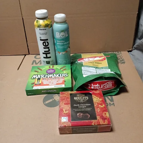 TOTE OF APPROXIMATELY 15 ASSORTED FOOD/DRINK ITEMS TO INCLUDE HUEL, BOL VANILLA POWER SHAKE, CHIA SEEDS 500G, MATCHMAKERS, BEECH'S DARK CHOCOLATE GINGER ETC