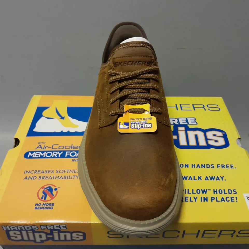 BOXED PAIR OF SKECHERS SLIP-INS GARZA GERVIN IN BROWN - UK 9.5