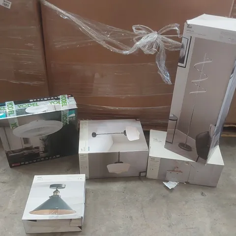 PALLET CONTAINING A VERY LARGE QUANTITY OF ASSORTED DESIGNER LIGHTING PRODUCTS INCLUDING: LOGAN SEMI FLUSH CEILING LIGHT, MONDEZ BATHROOM CEILING PENDANT, APOLLO INTEGRATED LED FLOOR LAMP ECT