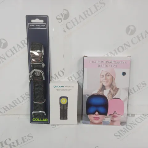 APPROXIMATELY 10 ASSORTED HOUSEHOLD ITEMS TO INCLUDE HEADACHE RELIEF HAT, RIGHT ANGLE FLASH LIGHT, COLLAR, ETC
