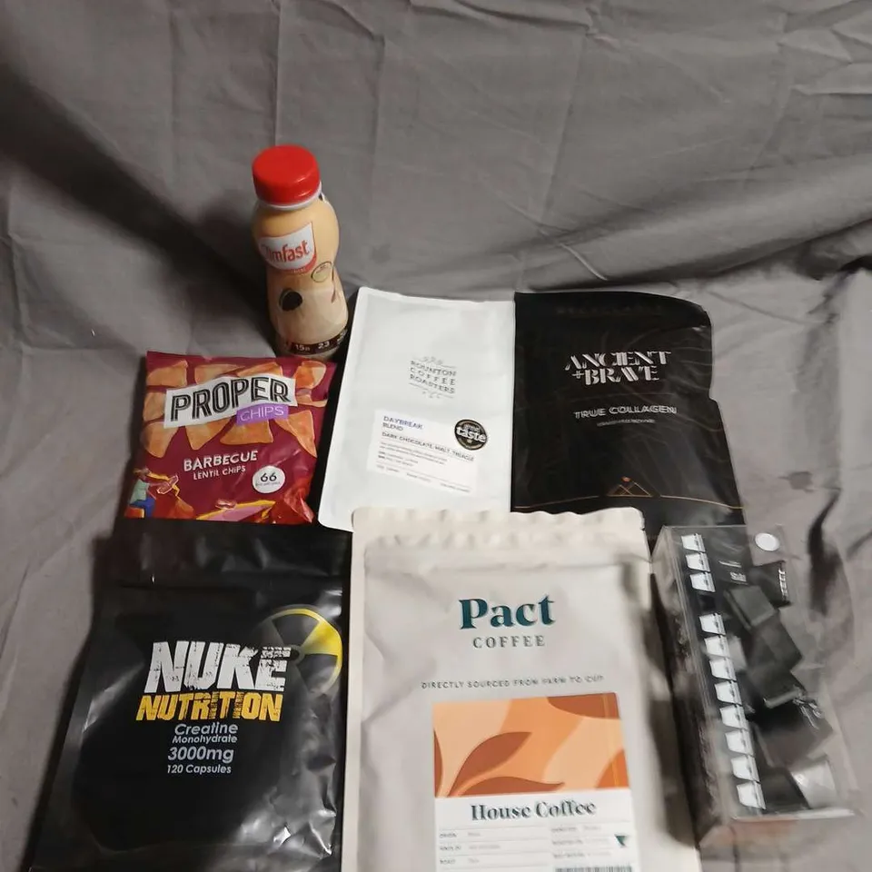 APPROXIMATELY 10 ASSORTED FOOD ITEMS TO INCLUDE - CREATINE, PACT COFFEE AND CRISPS
