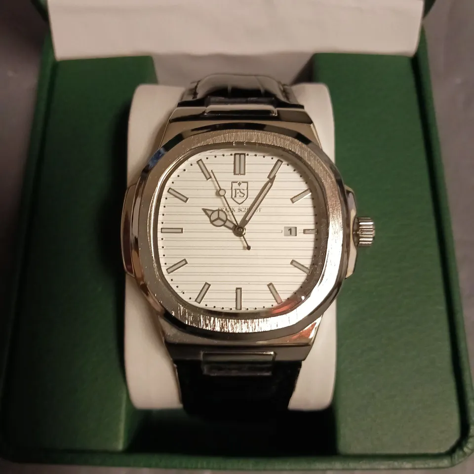 FRANK SCHMIDT WHITE DIAL GENTS WATCH WITH STAINLESS STEEL BACKCASE AND BLACK LEATHER STRAP IN BOX