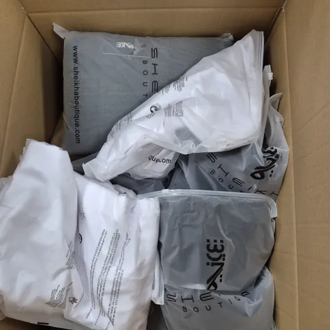 LARGE BOX OF ASSORTED CLOTHING ITEMS IN VARIOUS COLOURS, SIZES AND STYLES