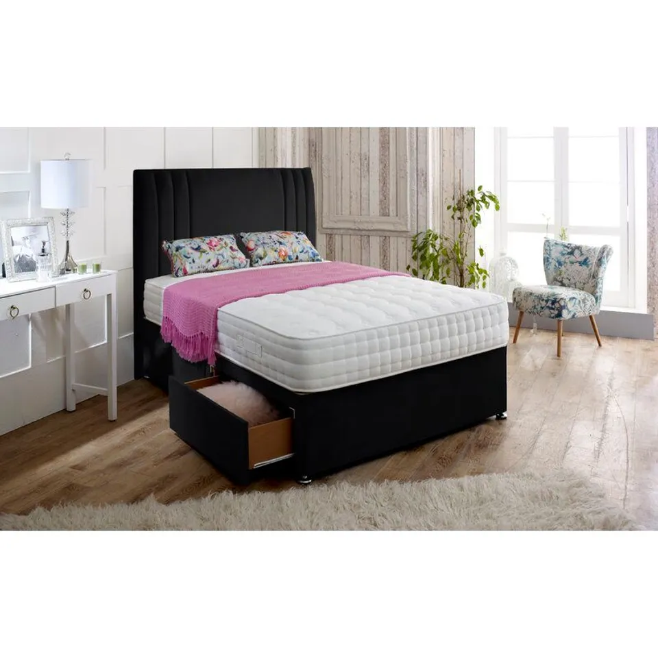BOXED AMBASSADOR UPHOLSTERED DIVAN BED & HEADBOARD- SUPERKING SIZED- BLACK 3 BOXES