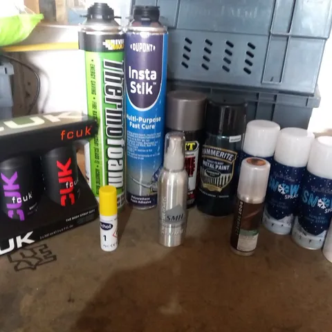 APPROXIMATELY 12 ASSORTED AEROSOL SPRAYS TO INCLUDE; FCUK, EVERBUILD, DUPONT AND E45