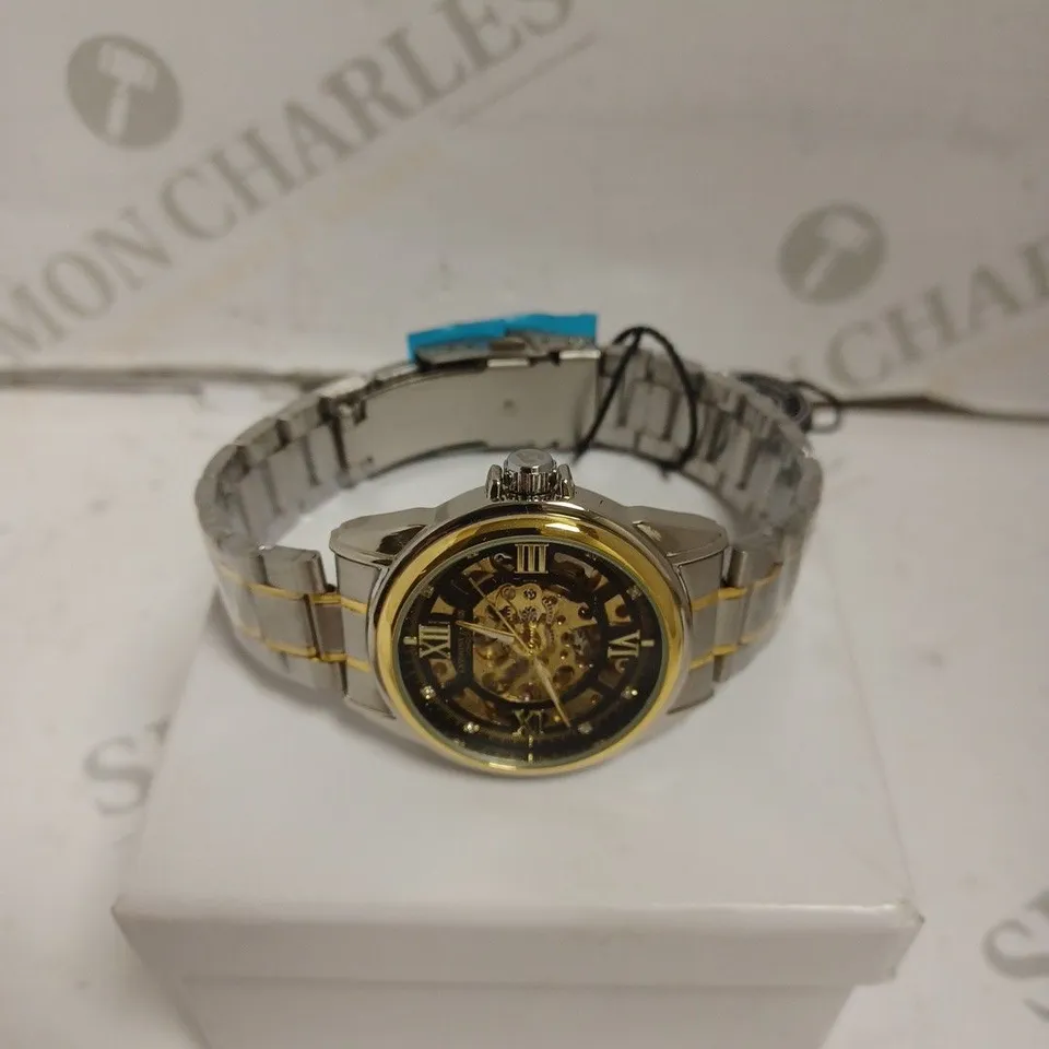 BOXED ANTHONY JAMES WATCH - TWO TONE STAINLESS STEEL - AUTOMATIC - SKELETON FACE - WATER RESISTANT. 