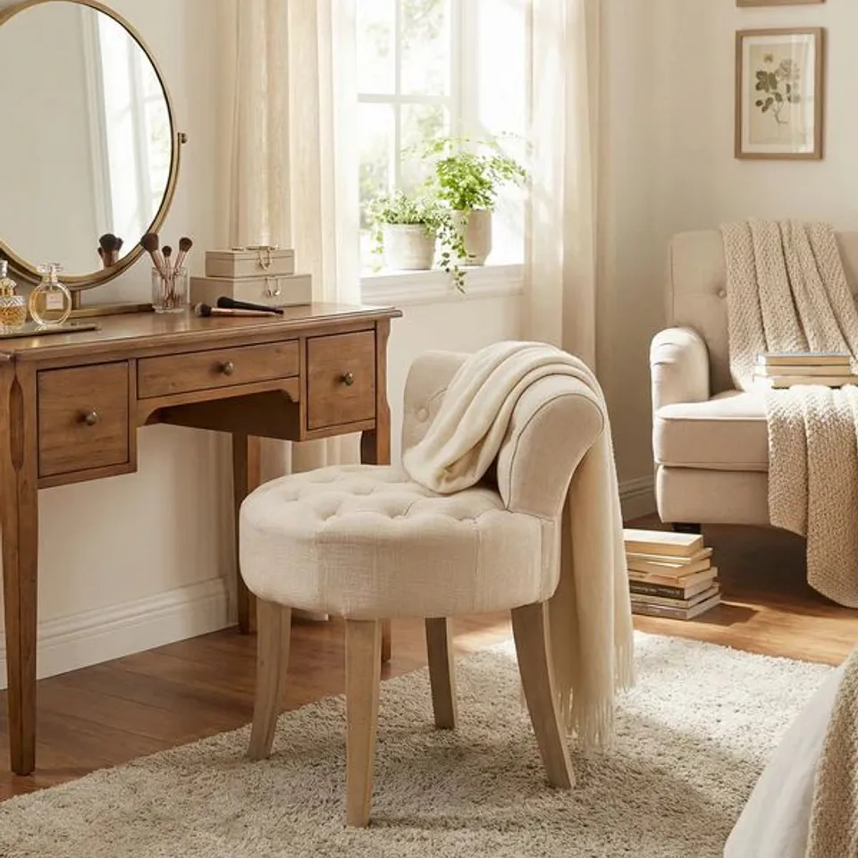 BOXED MADDIE DRESSING TABLE STOOL WITH BACK, WHITE WASHED WOOD, BEIGE CUSHION,CH085BG