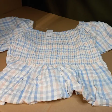 NEW LOOK BLUE CHECK SHIRRED OFF SHOULDER TOP - SIZE 18
