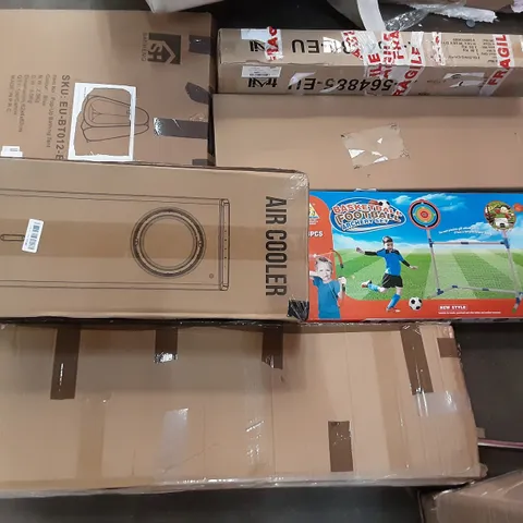 PALLET OF ASSORTED PRODUCTS INCLUDING AIR COOLER, BASKETBALL FOOTBALL ARCHERY SET, SANHENG POPUP BEACH TENT, WEIGHT RACK, AUTOMATIC FAST OPEN TENT