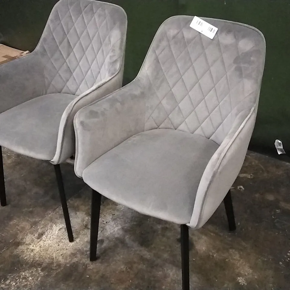 DESIGNER PAIR OF LIGHT GREY PLUSH VELVET PILLOWED DINING CHAIRS WITH ARMREST AND BLACK LEGS