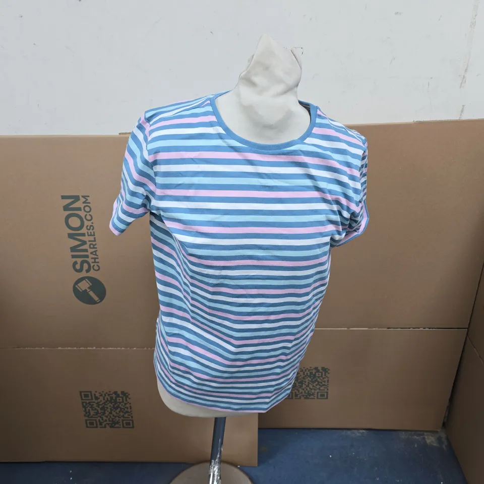 CREW CLOTHING COMPANY STRIPED T-SHIRT – BLUE, PINK & WHITE, UK SIZE 12