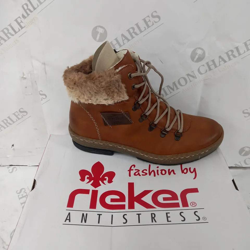 BOXED PAIR OF RIEKER LACE UP ANKLE BOOTS - TAN - UK SIZE 6