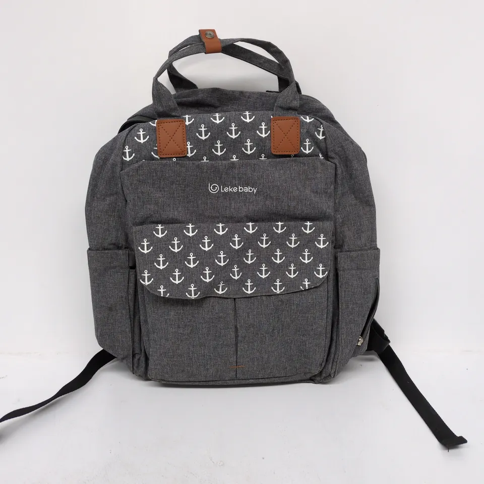 LEKE BABY BACKPACK – GREY WITH ANCHOR PRINT, FRONT POCKET