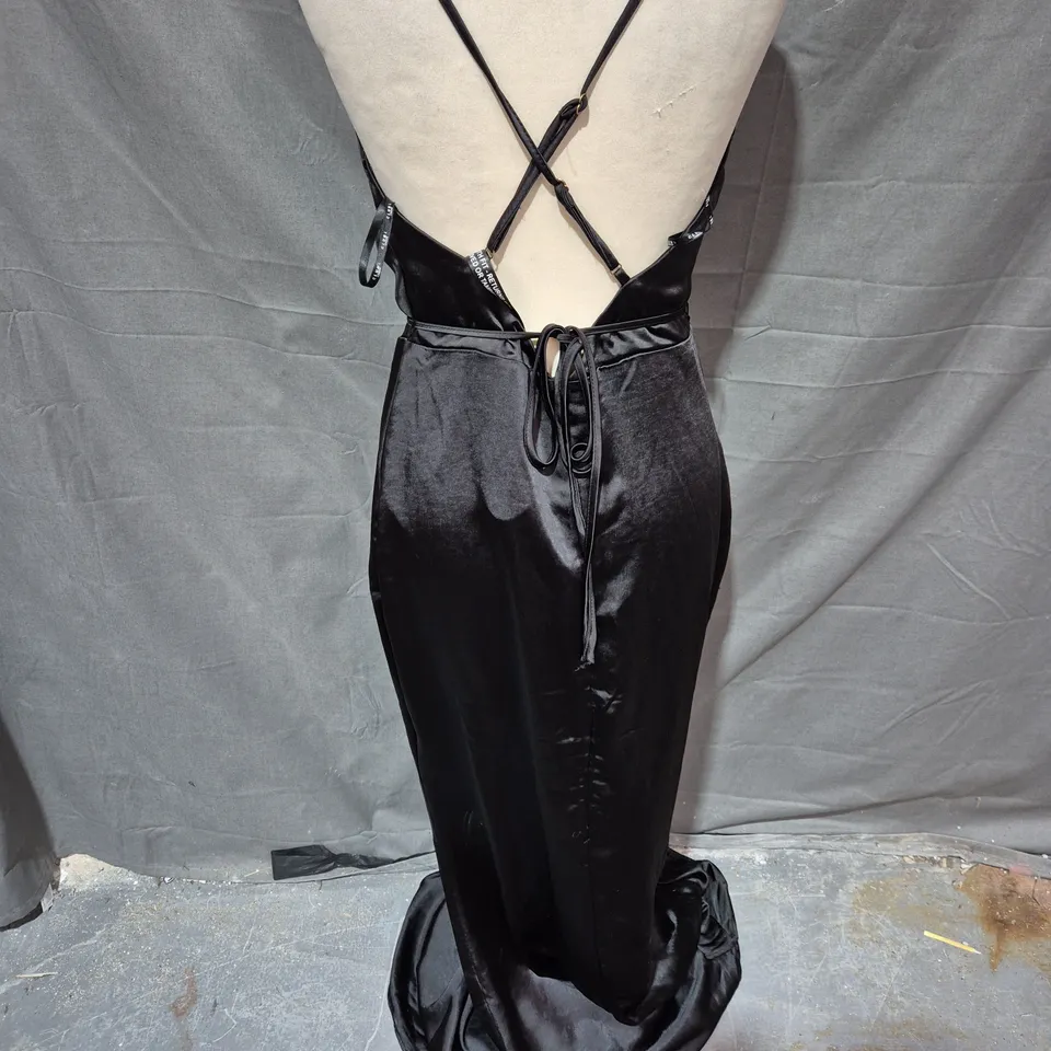 CLUB LONDON SATIN COWL NECK MAXI DRESS WITH CROSS BACK DETAIL IN BLACK SIZE 10