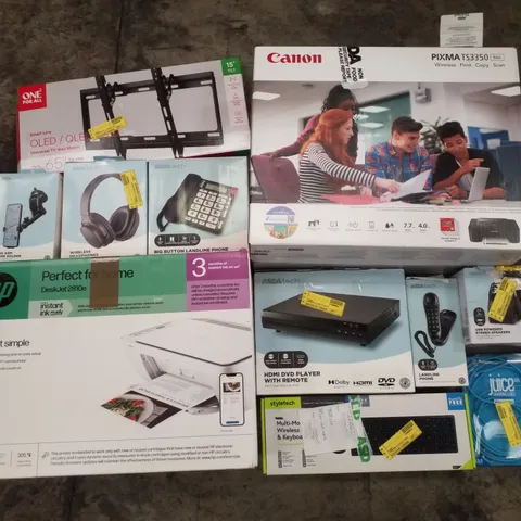 PALLET CONTAINING ASSORTED ELECTRICAL RETURNS INCLUDING CANON PIXMA TS3350, UNIVERSAL TV WALL MOUNT, BIG BUTTON LANDLINE, HDMI DVD PLAYER WITH REMOTE, WIRELESS HEADPHONES & LONG ARM PHONE HOLDER