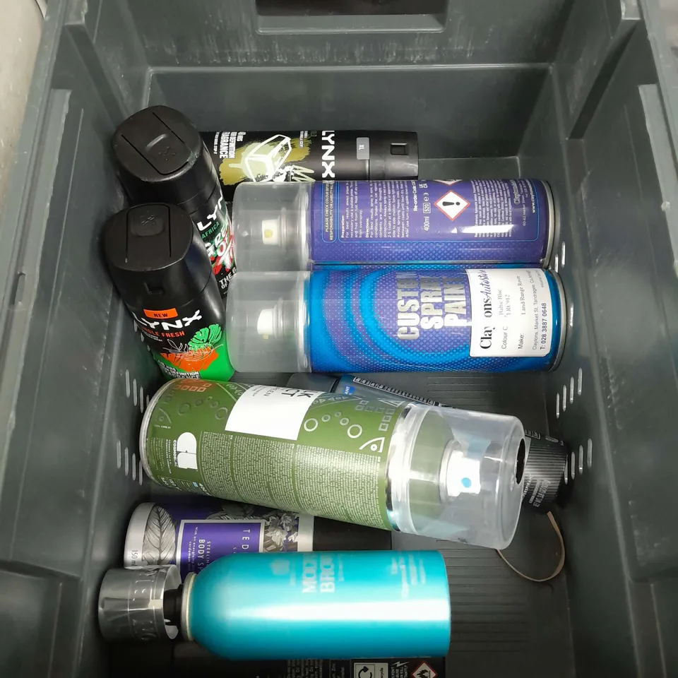 APPROXIMATELY 12 ASSORTED AEROSOLS TO INCLUDE TED BAKER BODY SPRAY , LYNX BODY SPRAY , SPRAY PAINT , ETC 