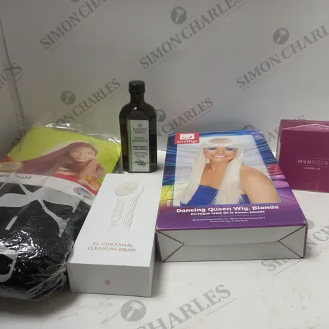 LOT OF ASSORTED COSMETIC ITEMS TO INCLUDE WIGS, CLEANING BRUSH AND ROSEMARY OIL