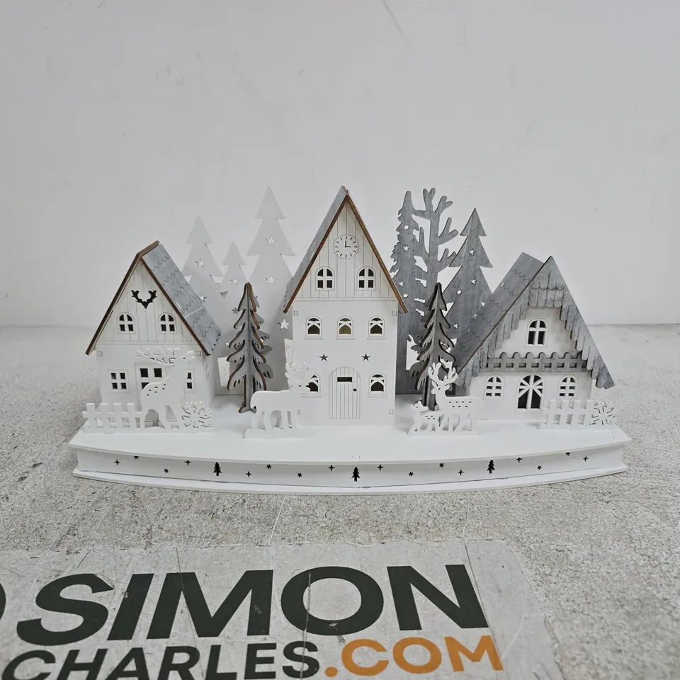 WHITE WOODEN CHRISTMAS VILLAGE SCENE DECORATIVE ORNAMENT BOXED