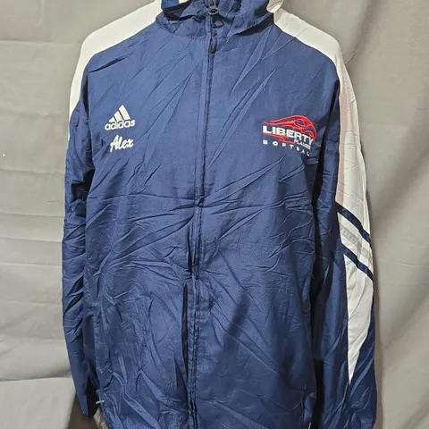 ADIDAS PERSONALISED LIBERTY FLAMES SOFTBALL WINDBREAKER JACKET IN NAVY/WHITE SIZE M