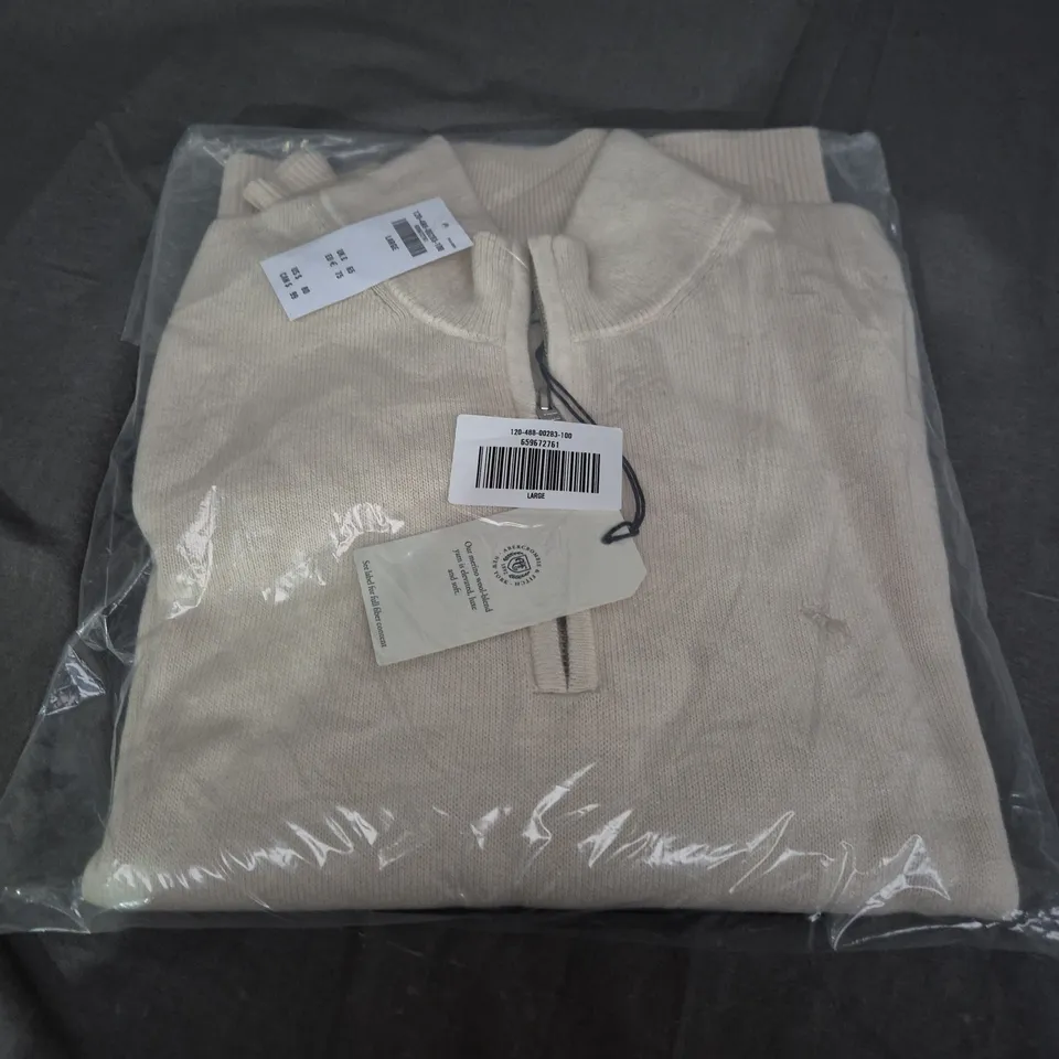 SEALED ABERCROMBIE & FITCH MERINO WOOL BLEND QUARTER ZIP IN CREAM - LARGE