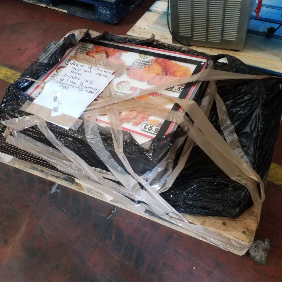 PALLET CONTAINING APPROXIMATELY 12 CHICKEN SHOP LED MENU BOARDS, SOAP DISPENSER & EMERGENCY LIGHT SIGN