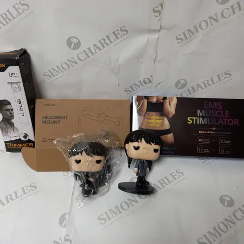 APPROXIMATELY 20 ASSORTED ITEMS TO INCLUDE ADDAMS FAMILY WEDNESDAY MINIATURE TOY FIGURE, VINTAGE T9 TRIMMER, EMS MUSCLE SIMULATOR, HEADREST MOUNT ETC.