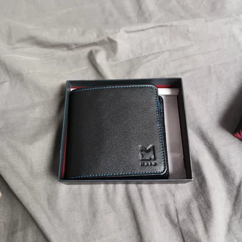 MALA LEATHER BI-FOLD WALLET WITH RFID – BLACK WITH BLUE STITCHING, BLUE INTERIOR