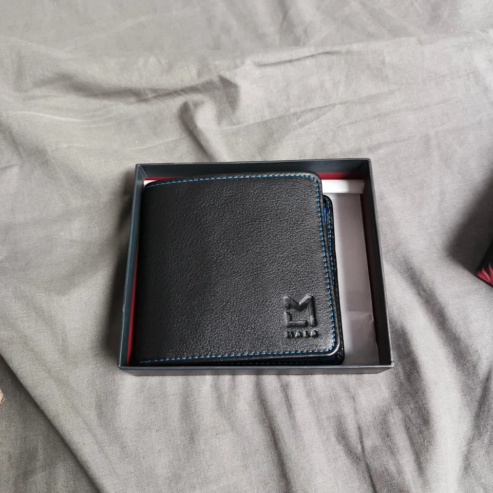 MALA LEATHER BI-FOLD WALLET WITH RFID – BLACK WITH BLUE STITCHING, BLUE INTERIOR