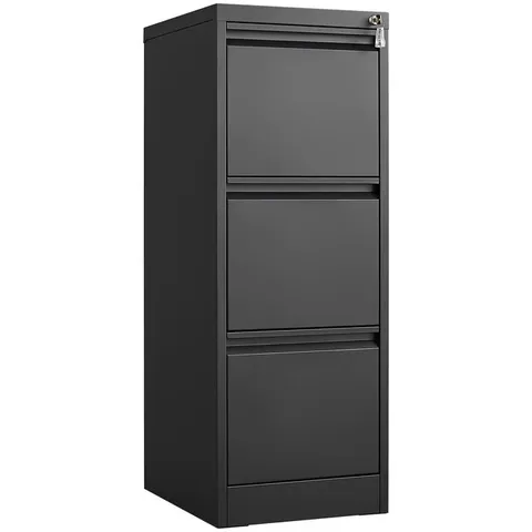 BOXED GARVEE BLACK 3 DRAWER VERTICAL FILING CABINET WITH LOCK HEAVY DUTY SECURE STEEL - BLACK