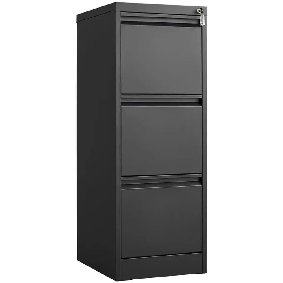BOXED GARVEE BLACK 3 DRAWER VERTICAL FILING CABINET WITH LOCK HEAVY DUTY SECURE STEEL - BLACK