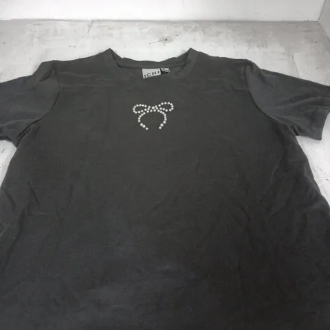 ICHI BLACK T-SHIRT WITH PEARL EMBELLISHMENT – SIZE M