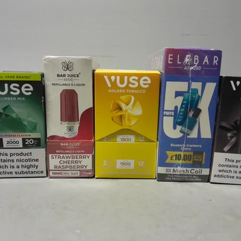 APPROXIMATELY 14 ASSORTED E-CIGARETTE PRODUCTS TO INCLUDE - VUSE PRO , ELF BAR , BAR JUICE ETC