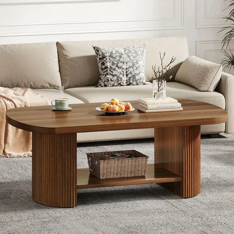 BOXED 45" COFFEE TABLE, MODERN OVAL 2-TIER CENTER TABLE WITH STORAGE - RUSTIC BROWN (1 BOX)
