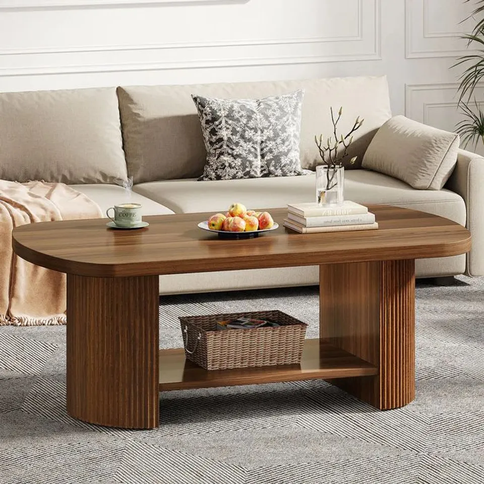 BOXED 45" COFFEE TABLE, MODERN OVAL 2-TIER CENTER TABLE WITH STORAGE - RUSTIC BROWN (1 BOX)